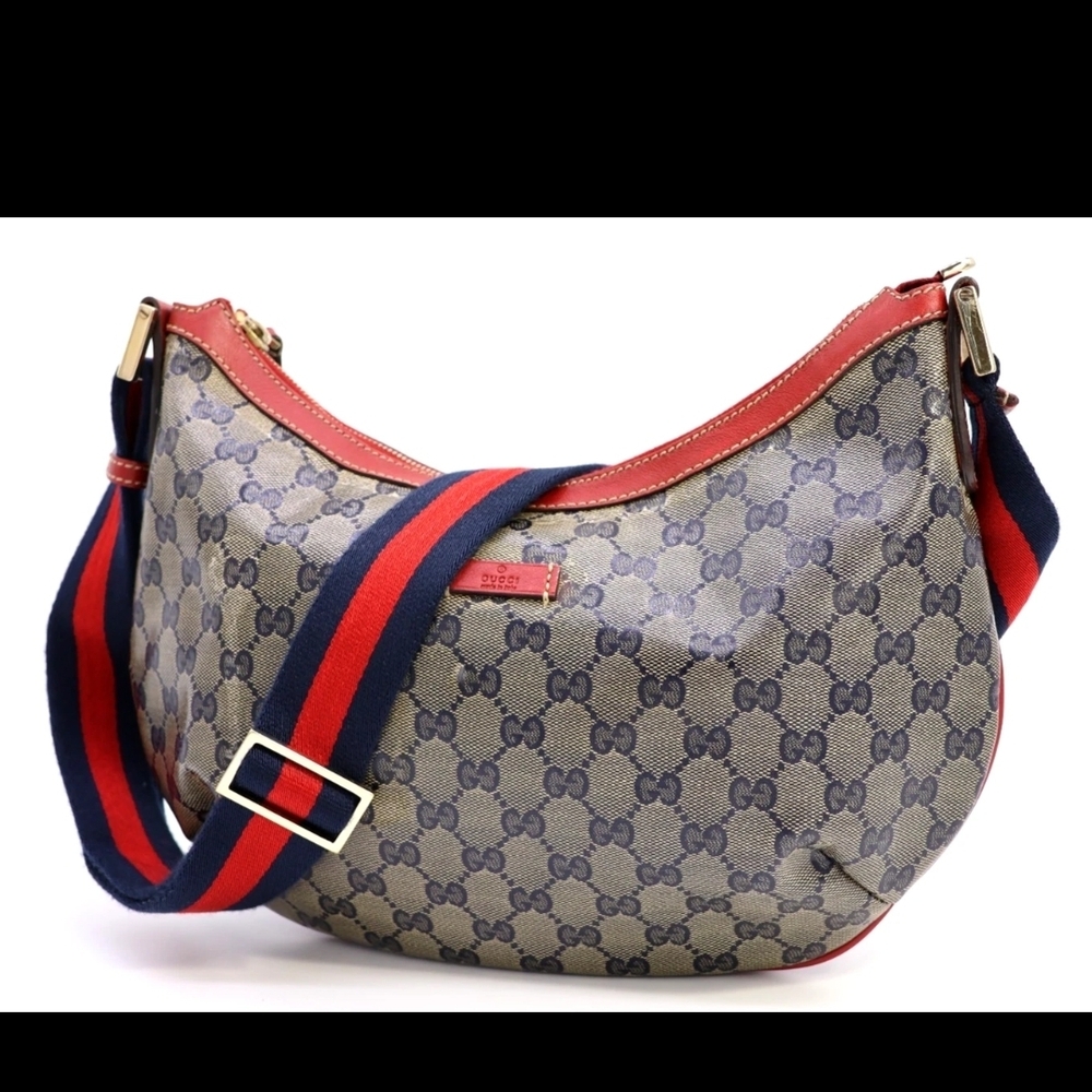 Authentic Gucci Blue Monogram Canvas Hobo Bag with Red Trim